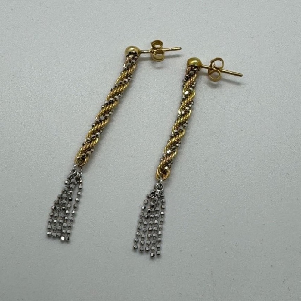14K Yellow Gold + White Gold Twisted Rope Tassel Earrings, solid gold - Picture 8 of 17